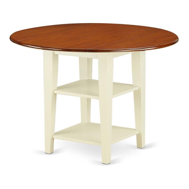 Pemberly Row Wood Dining Table with 2 Shelves in Cream/Cherry