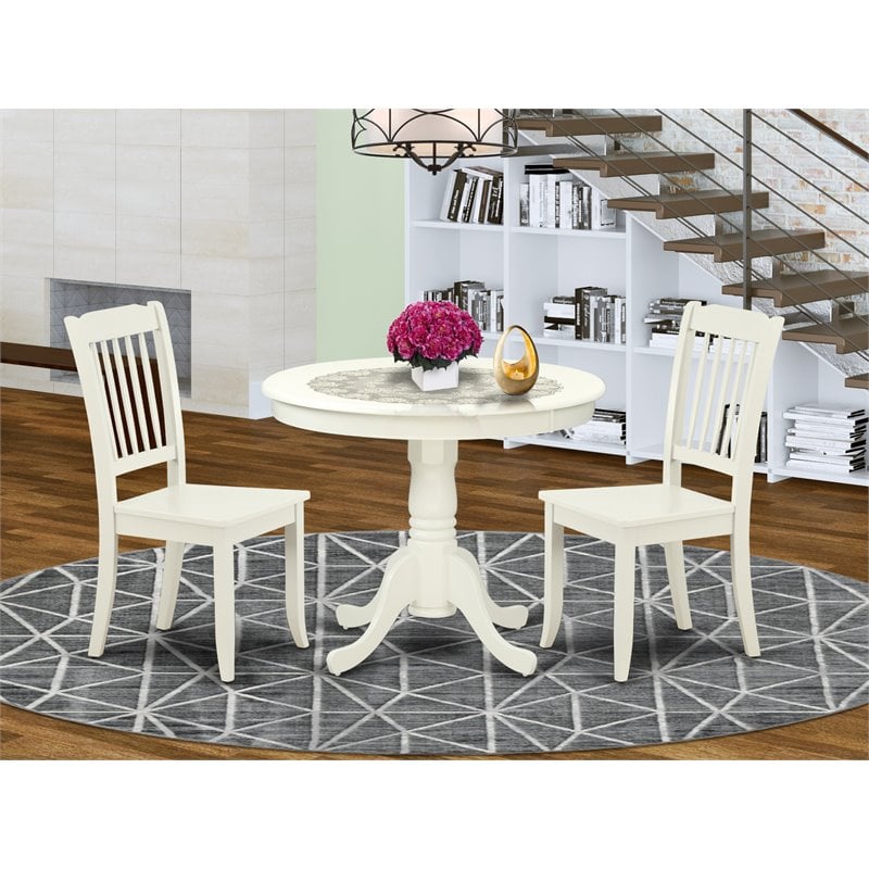 Pemberly Row Antique 3-piece Dining Set w/ Slatted Chairs in Linen White