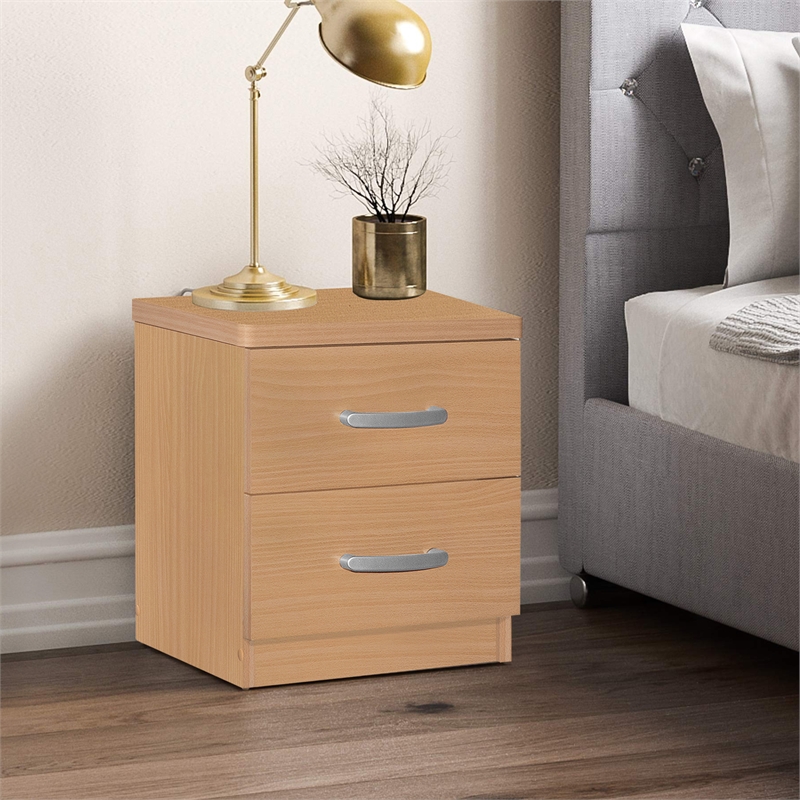 Pemberly Row Contemporary Faux Wood 2 Drawer Nightstand in Beech