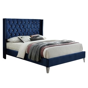 Pemberly Row Contemporary Velvet Upholstered Queen Platform Bed in Blue