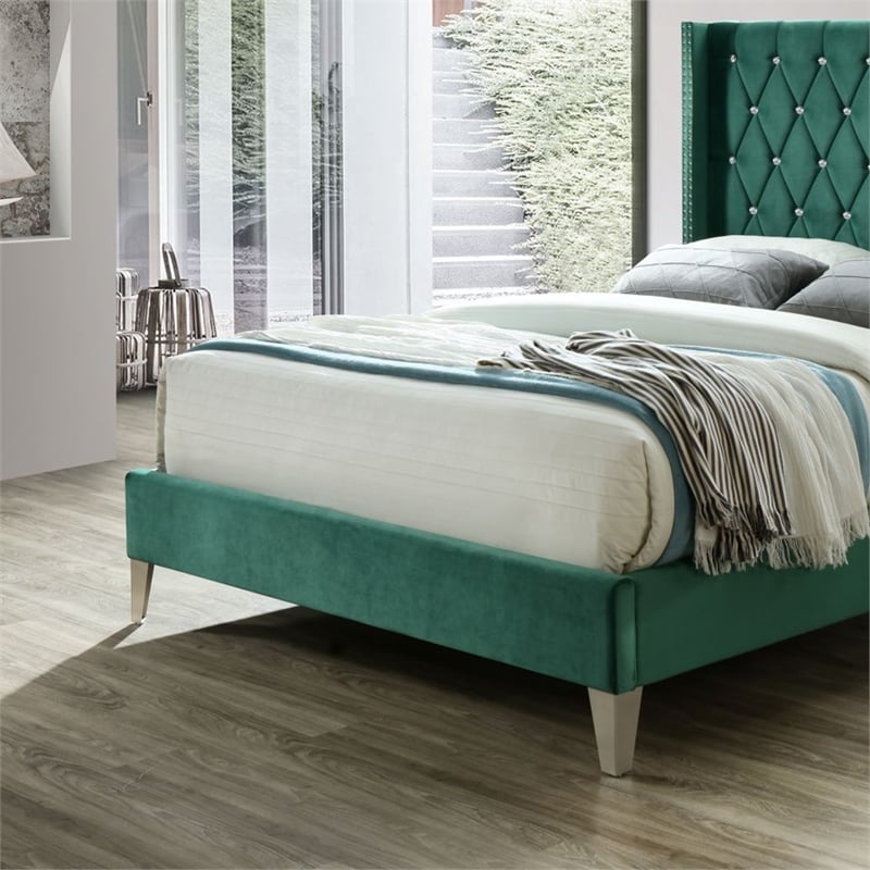 Pemberly Row Contemporary Velvet Upholstered Queen Platform Bed in Green