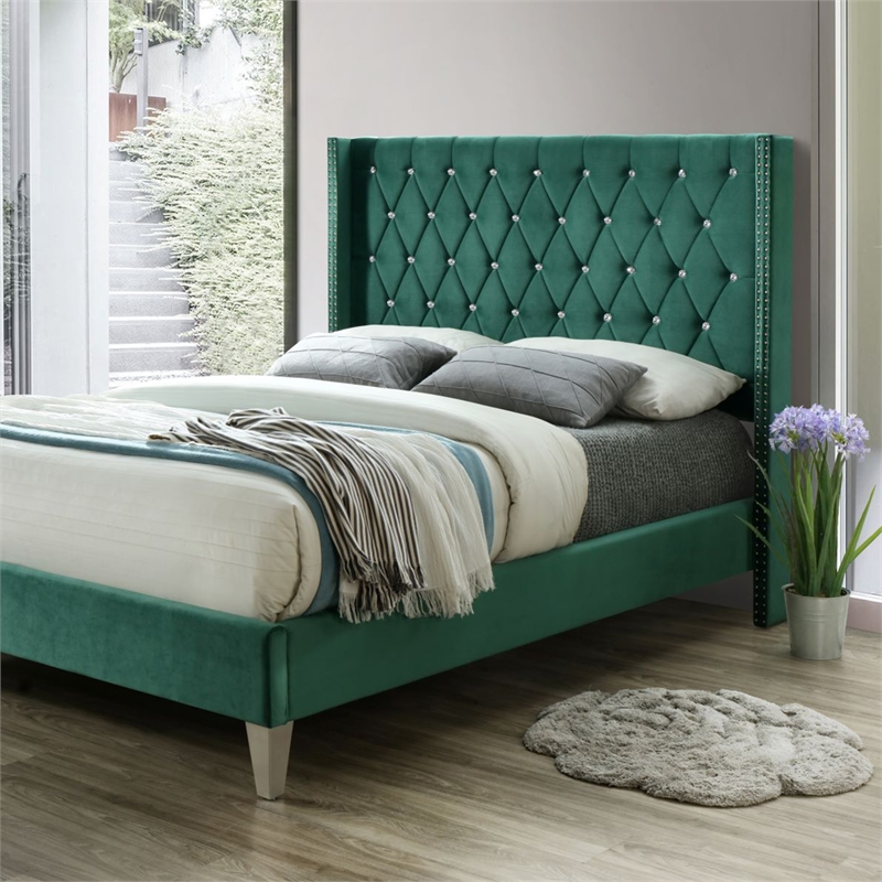 Pemberly Row Contemporary Velvet Upholstered Queen Platform Bed in Green