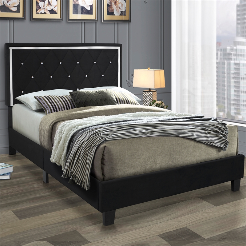 Pemberly Row Modern Velvet Upholstered Queen Platform Bed in Black