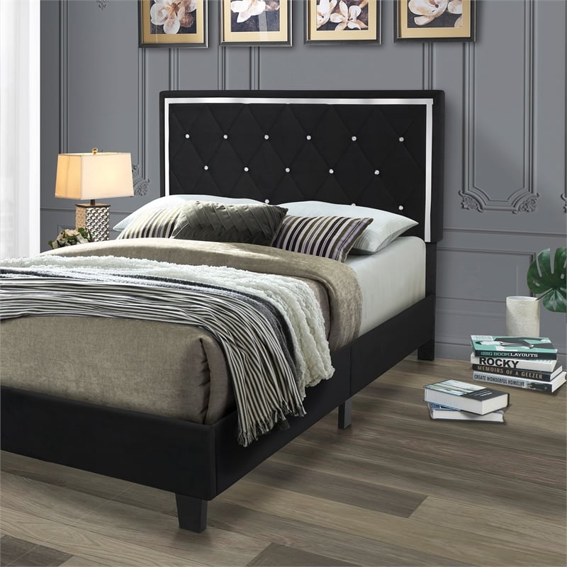 Pemberly Row Modern Velvet Upholstered Queen Platform Bed in Black