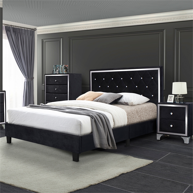 Pemberly Row Modern Velvet Upholstered Queen Platform Bed in Black