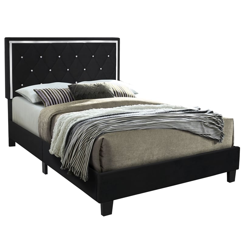 Pemberly Row Modern Velvet Upholstered Queen Platform Bed in Black