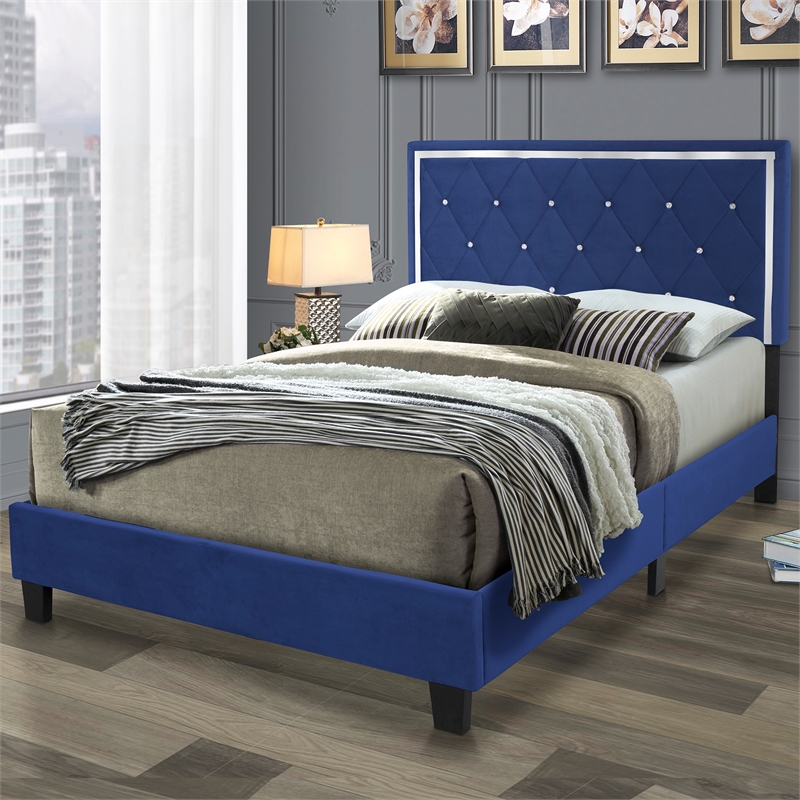 Pemberly Row Modern Velvet Upholstered Queen Platform Bed in Blue
