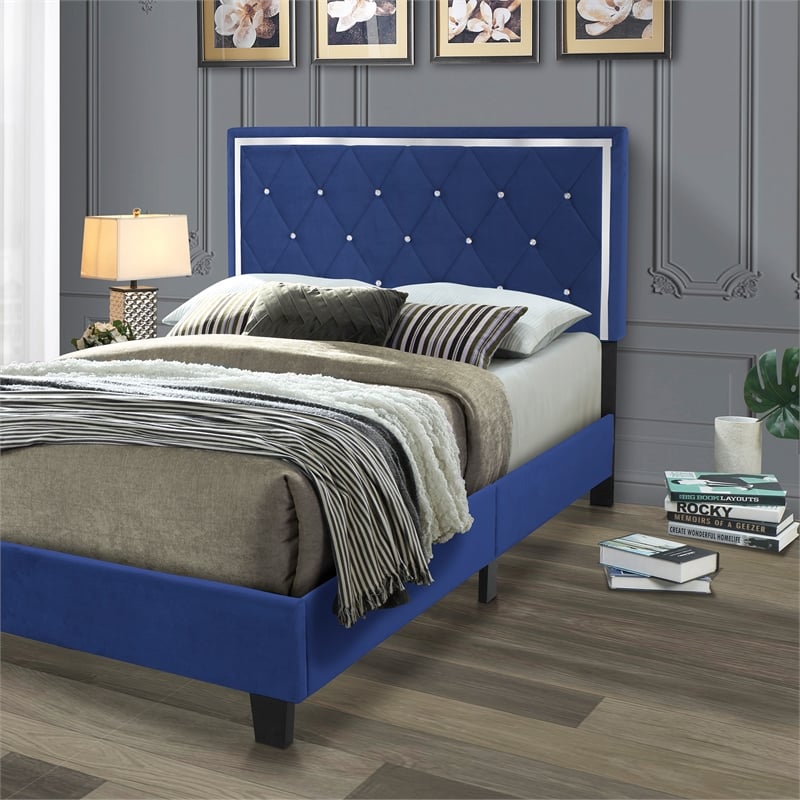 Pemberly Row Modern Velvet Upholstered Queen Platform Bed in Blue