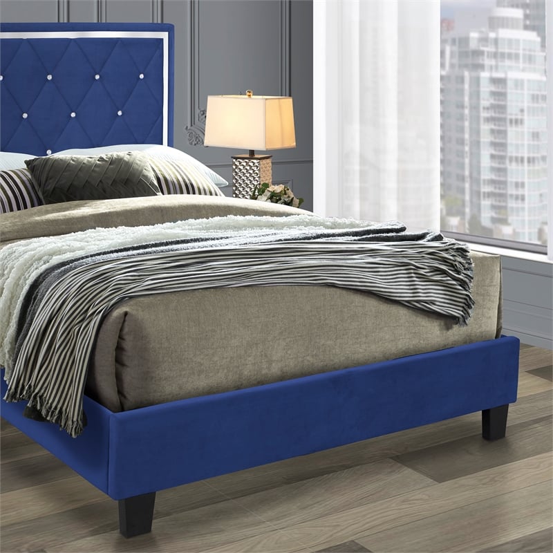 Pemberly Row Modern Velvet Upholstered Queen Platform Bed in Blue