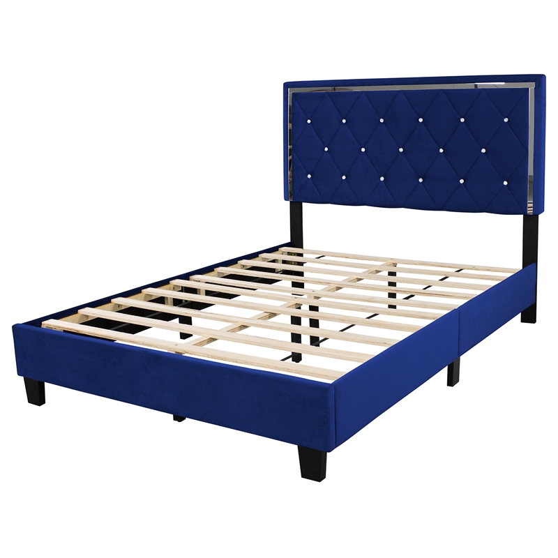 Pemberly Row Modern Velvet Upholstered Queen Platform Bed in Blue