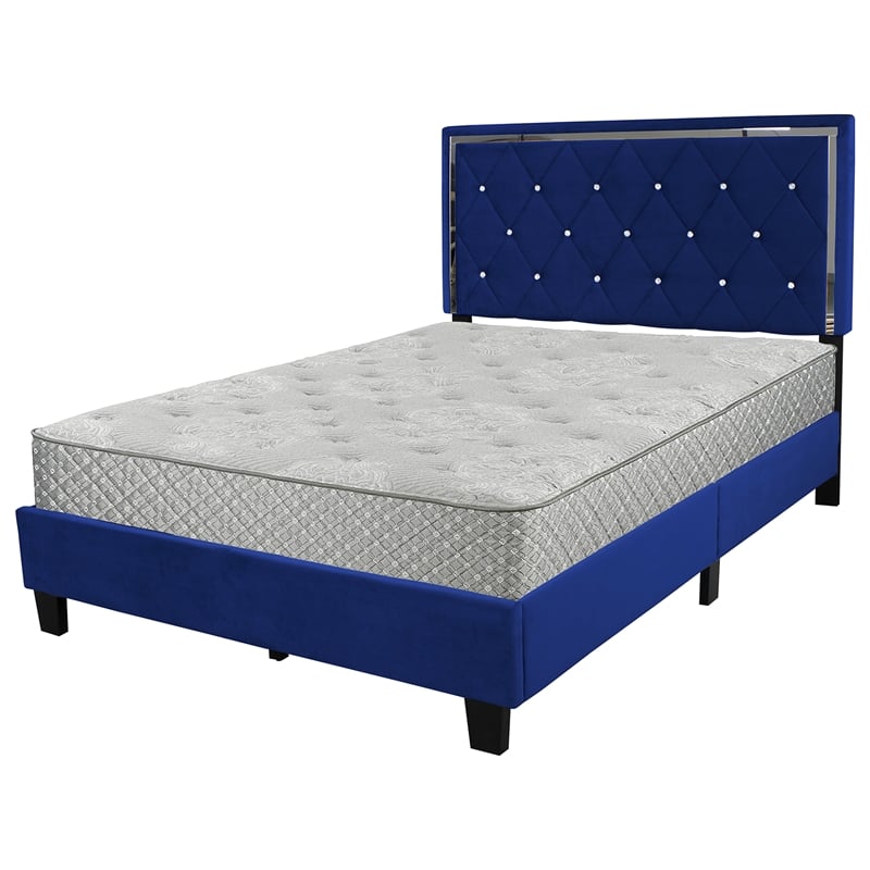 Pemberly Row Modern Velvet Upholstered Queen Platform Bed in Blue