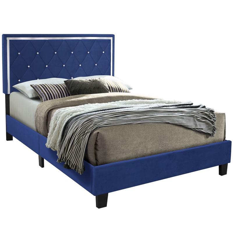 Pemberly Row Modern Velvet Upholstered Queen Platform Bed in Blue