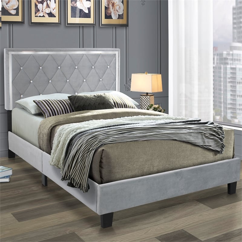 Pemberly Row Modern Velvet Upholstered Queen Platform Bed in Gray