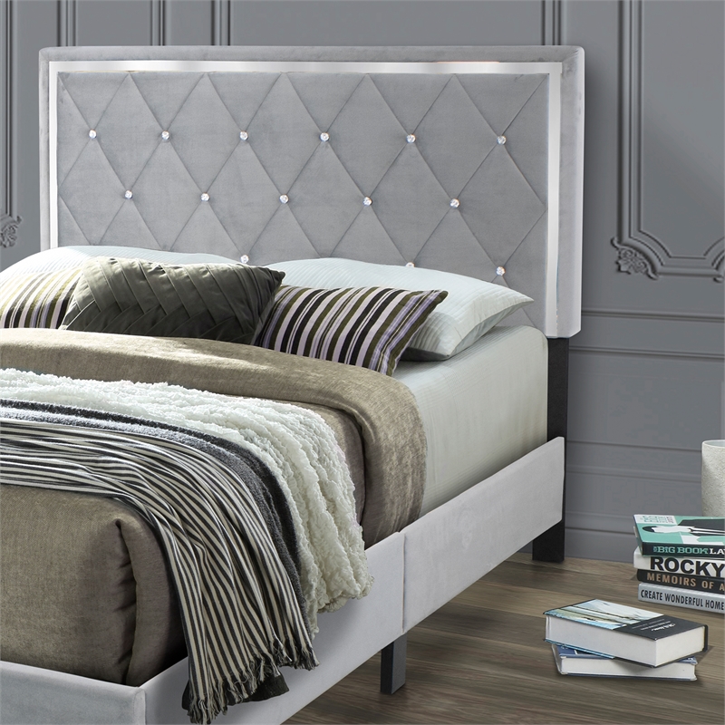 Pemberly Row Modern Velvet Upholstered Queen Platform Bed in Gray