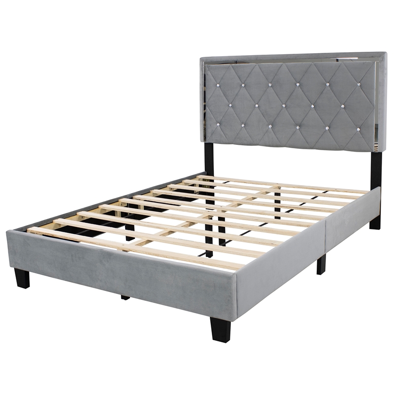 Pemberly Row Modern Velvet Upholstered Queen Platform Bed in Gray