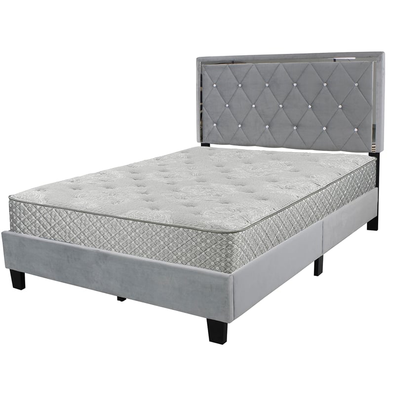 Pemberly Row Modern Velvet Upholstered Queen Platform Bed in Gray