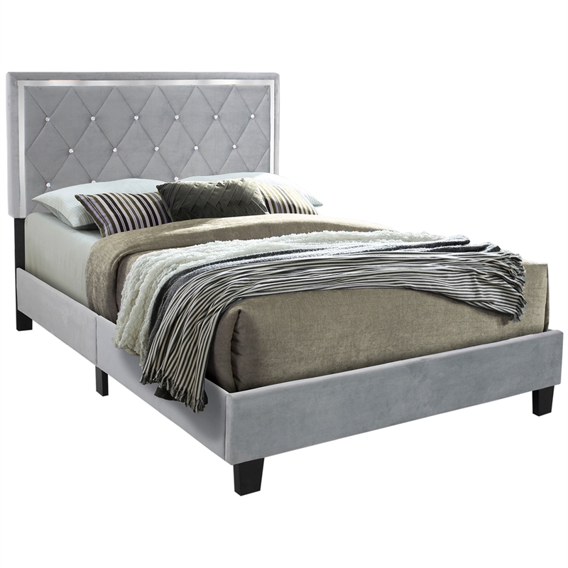 Pemberly Row Modern Velvet Upholstered Queen Platform Bed in Gray