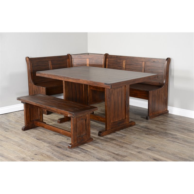 Pemberly Row Farmhouse Wood Breakfast Nook Set in Medium Brown