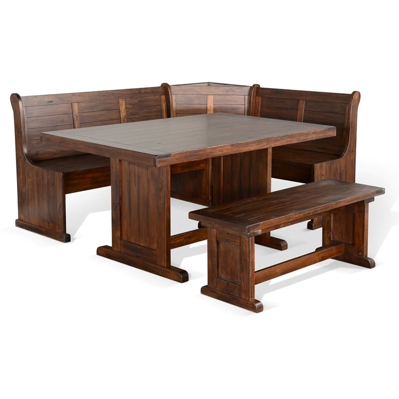 Pemberly Row Farmhouse Wood Breakfast Nook Set in Medium Brown