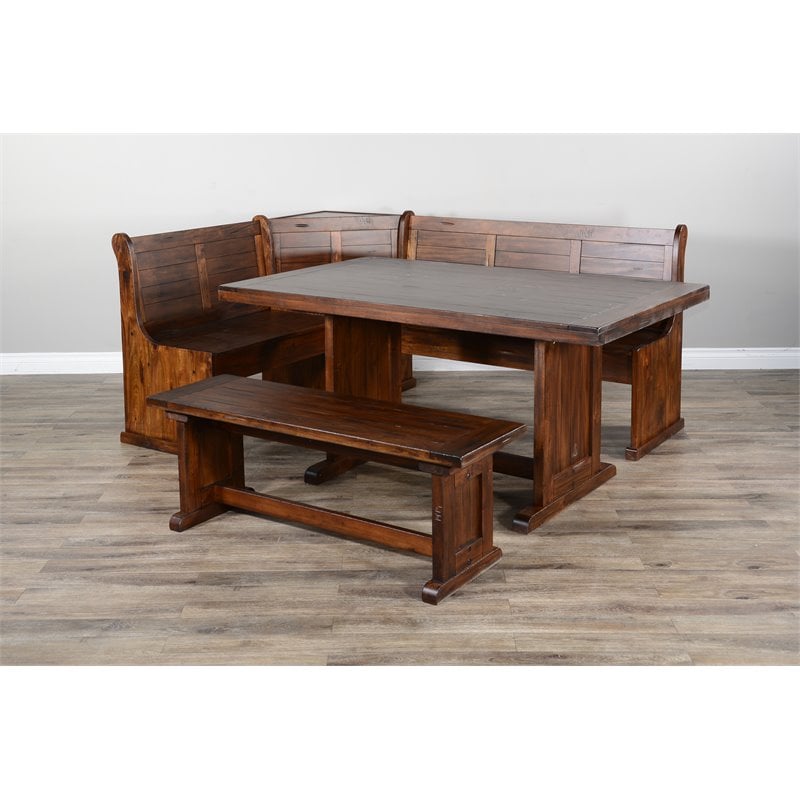 Pemberly Row Farmhouse Wood Breakfast Nook Set in Medium Brown