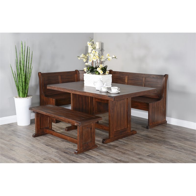Pemberly Row Farmhouse Wood Breakfast Nook Set in Medium Brown