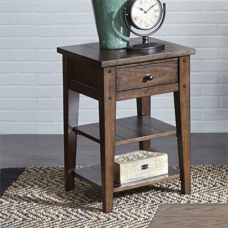 Pemberly Row Transitional Wood Chair Side Table in Dark Brown/Antique Brass