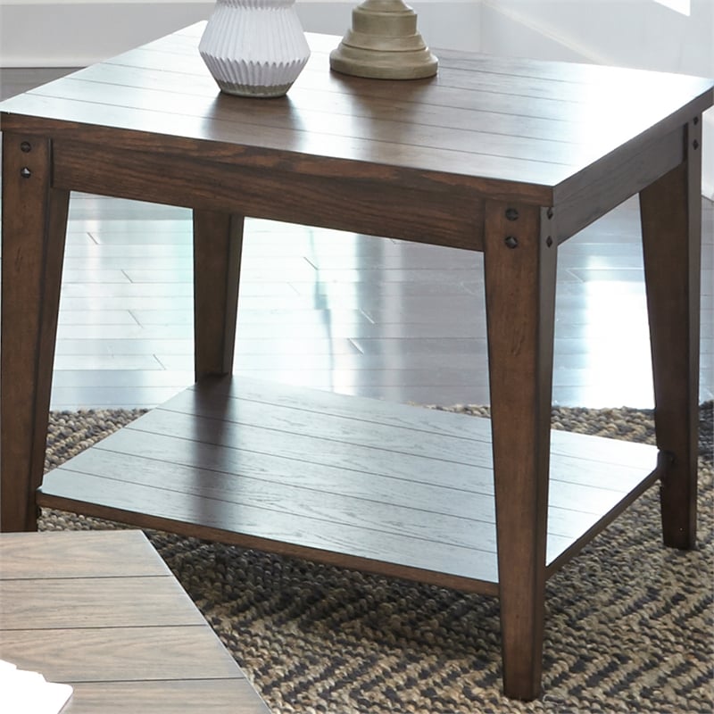 Pemberly Row Transitional Wood Square Lamp Table in Dark Brown