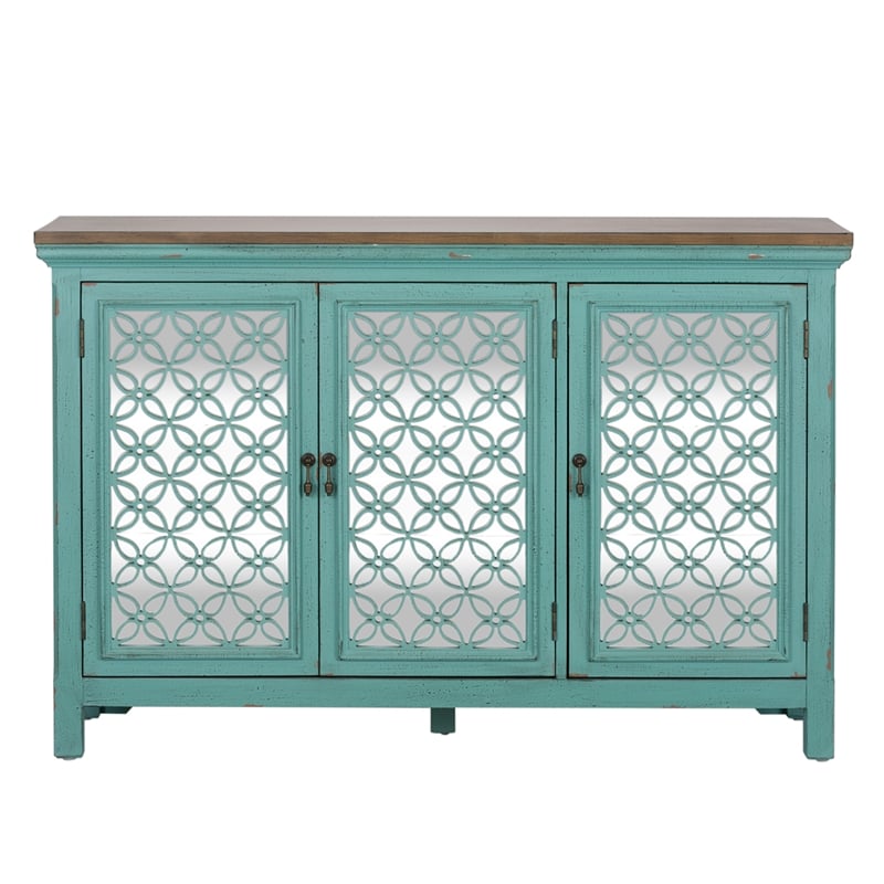 Pemberly Row Transitional 3-Door Wood Accent Cabinet in Turquoise