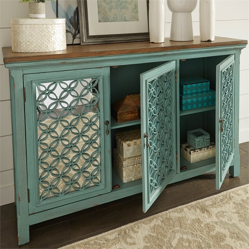 Pemberly Row Transitional 3-Door Wood Accent Cabinet in Turquoise