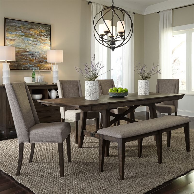 Pemberly Row Transitional Wood 6 Piece Trestle Table Set in Brown