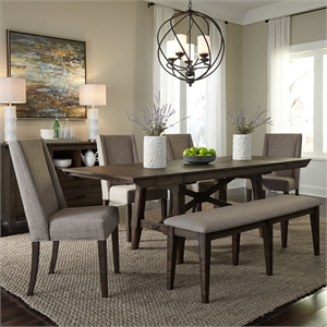 Pemberly Row Transitional Wood 6 Piece Trestle Table Set in Brown
