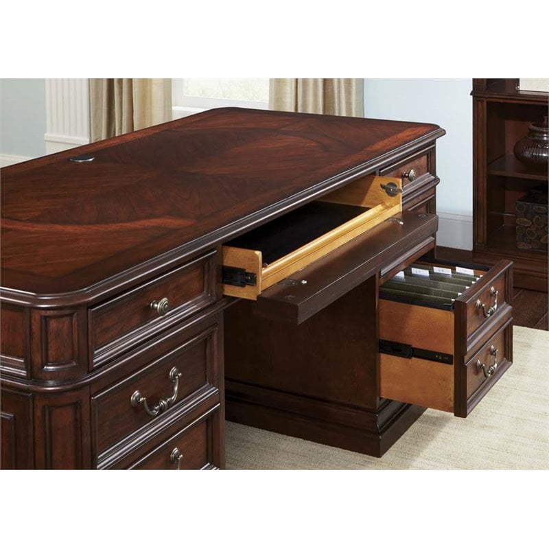 Pemberly Row Contemporary Metal Executive Desk in Mahogany