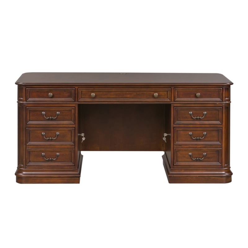 Pemberly Row Contemporary Metal Executive Desk in Mahogany