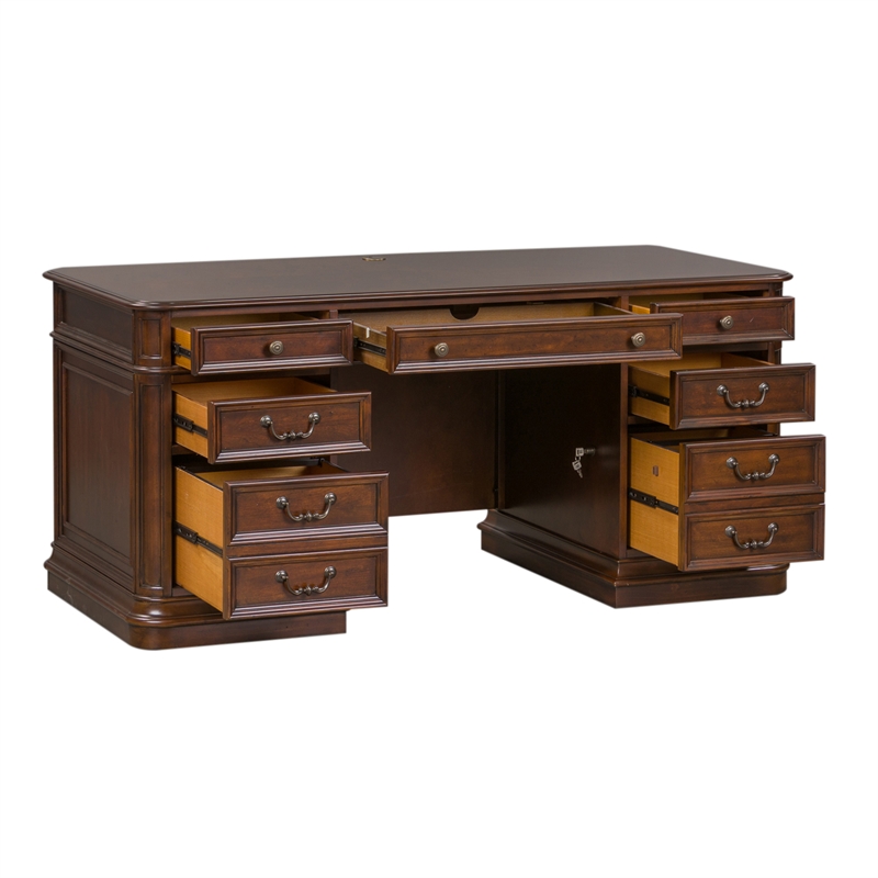 Pemberly Row Contemporary Metal Executive Desk in Mahogany