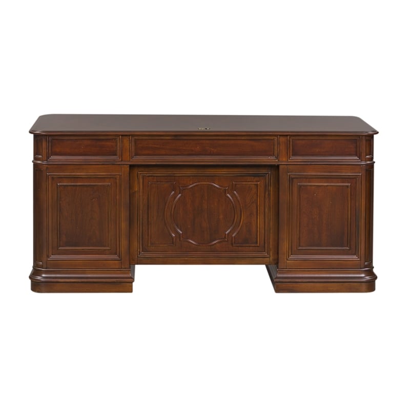 Pemberly Row Contemporary Metal Executive Desk in Mahogany