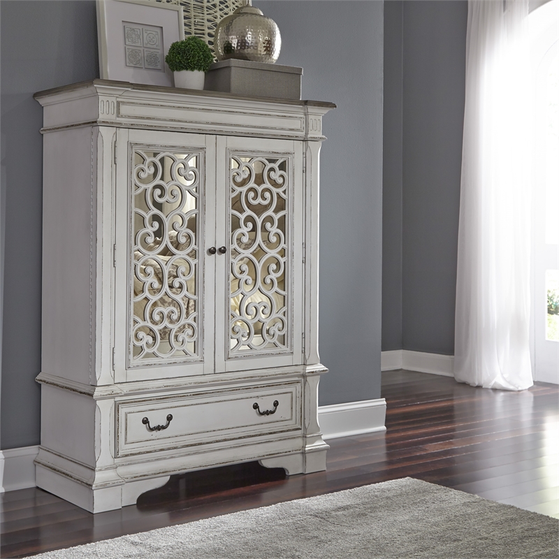 Pemberly Row Traditional Wood Mirrored Door Chest in White