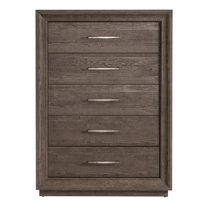 pemberly row transitional wood 5 drawer chest in brown
