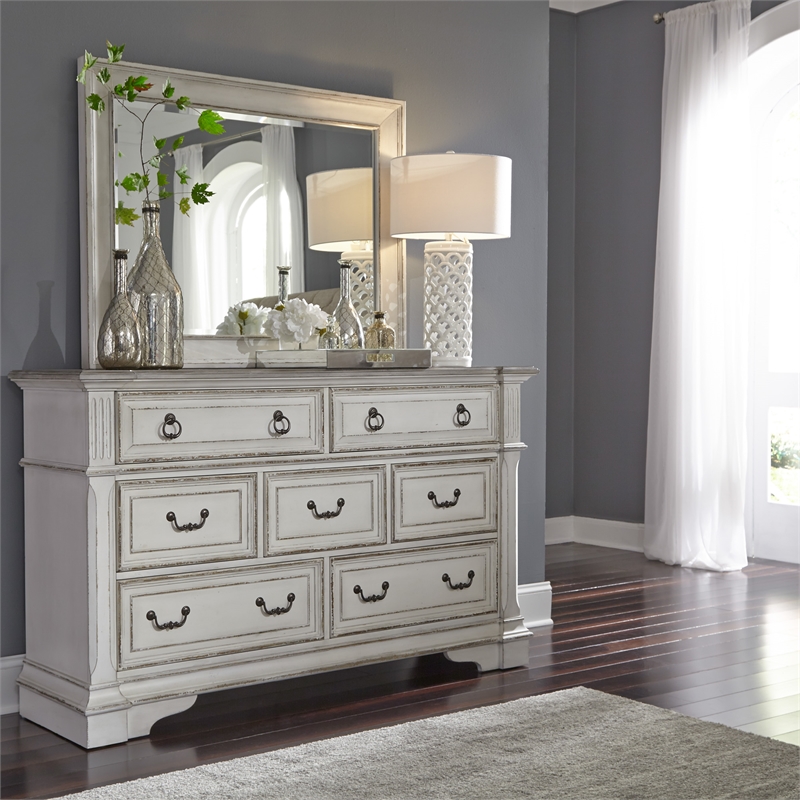 Pemberly Row 7-Drawer Traditional Wood Dresser & Mirror in White