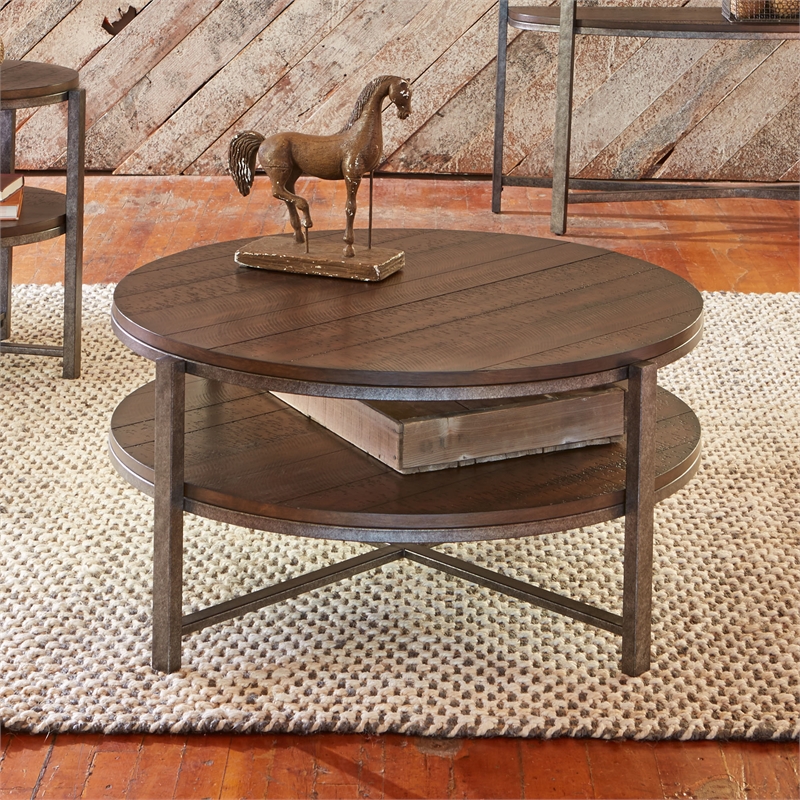 Pemberly Row Transitional Wood Round Cocktail Table in Brown