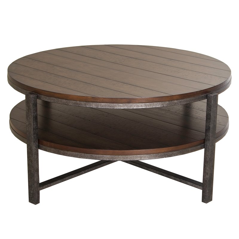 Pemberly Row Transitional Wood Round Cocktail Table in Brown