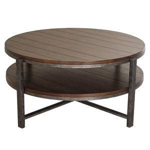 pemberly row transitional wood round cocktail table in brown
