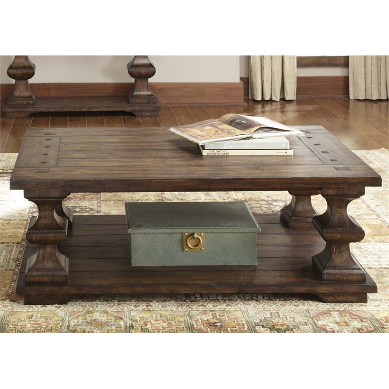 Pemberly Row Traditional Wood Cocktail Table in Brown