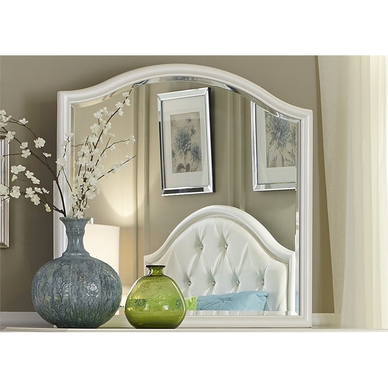 Pemberly Row Contemporary Solid Wood Mirror in Iridescent White Finish