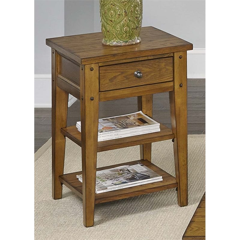 Pemberly Row Farmhouse Wood/Brass Chair Side Table in Golden Oak