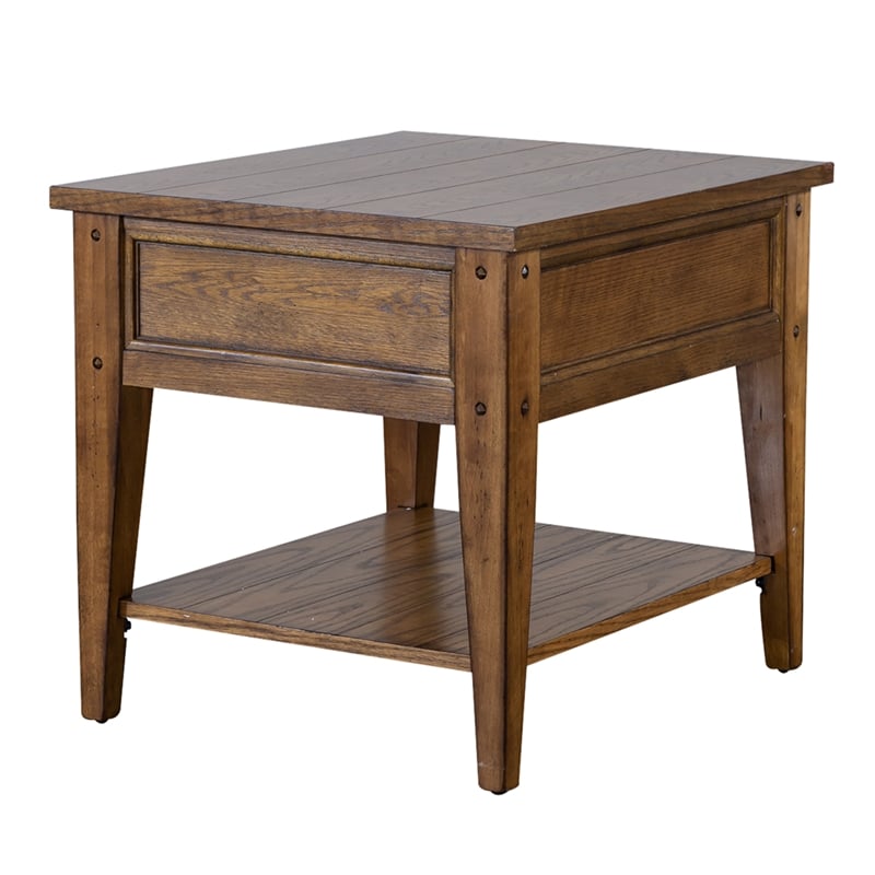 Pemberly Row 1 Drawer Farmhouse Wood/Brass End Table in Golden Oak