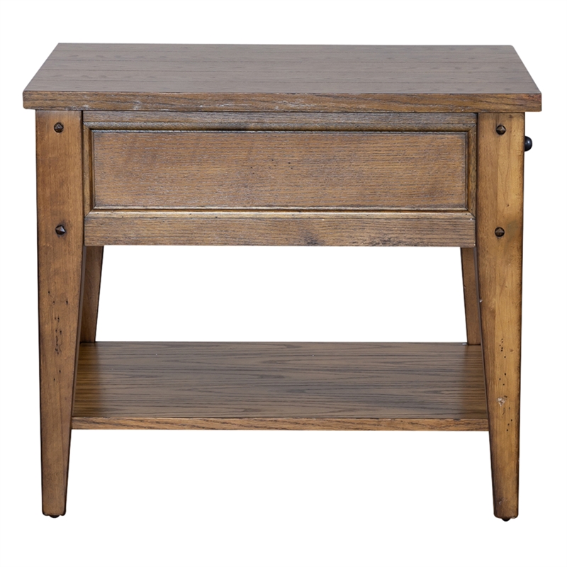 Pemberly Row 1 Drawer Farmhouse Wood/Brass End Table in Golden Oak