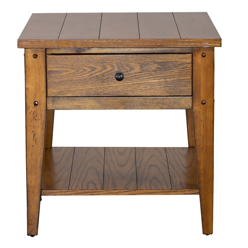 Pemberly Row 1 Drawer Farmhouse Wood/Brass End Table in Golden Oak