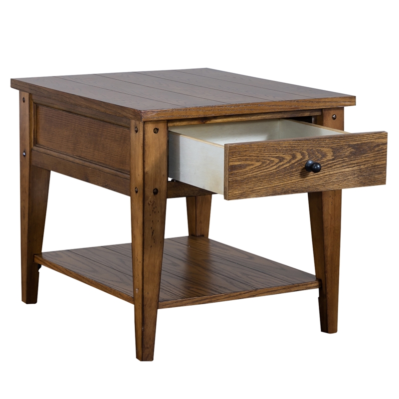Pemberly Row 1 Drawer Farmhouse Wood/Brass End Table in Golden Oak