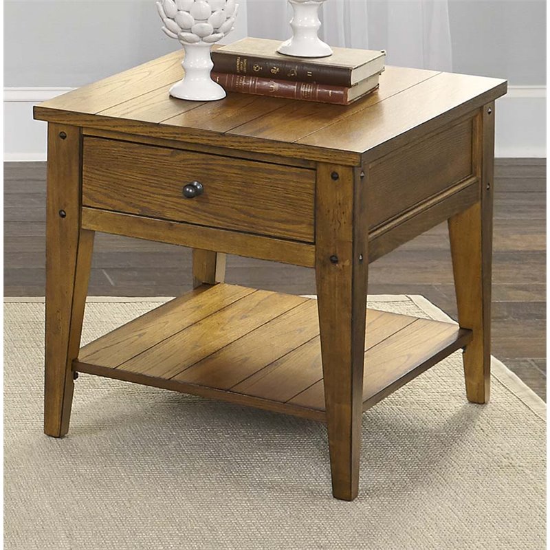 Pemberly Row 1 Drawer Farmhouse Wood/Brass End Table in Golden Oak