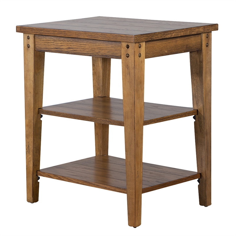 Pemberly Row Contemporary Brass Tiered Table in Oak